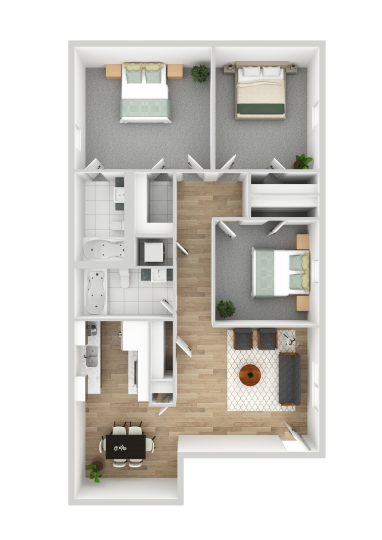 This image depicts a spacious, modern apartment with three bedrooms, each furnished with beds and nightstands. The living room features a comfortable sofa, coffee table, and a large area rug, creating a cozy atmosphere. The dining area includes a stylish table surrounded by chairs, perfect for family meals. The kitchen is well-equipped with modern appliances and a large island, ideal for cooking and entertaining. The bathroom is sleek and functional, with a bathtub, shower, and vanity. The overall design is contemporary, with light wood floors and neutral tones, providing a welcoming and comfortable living space.